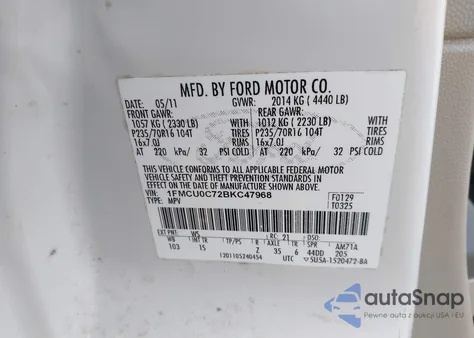 2011 Ford Escape Xls from USA, damaged, VIN 1FMCU0C72BKC47968